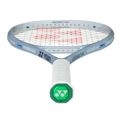 Silver Yonex tennis racket with a white handle and blue frame on a white background