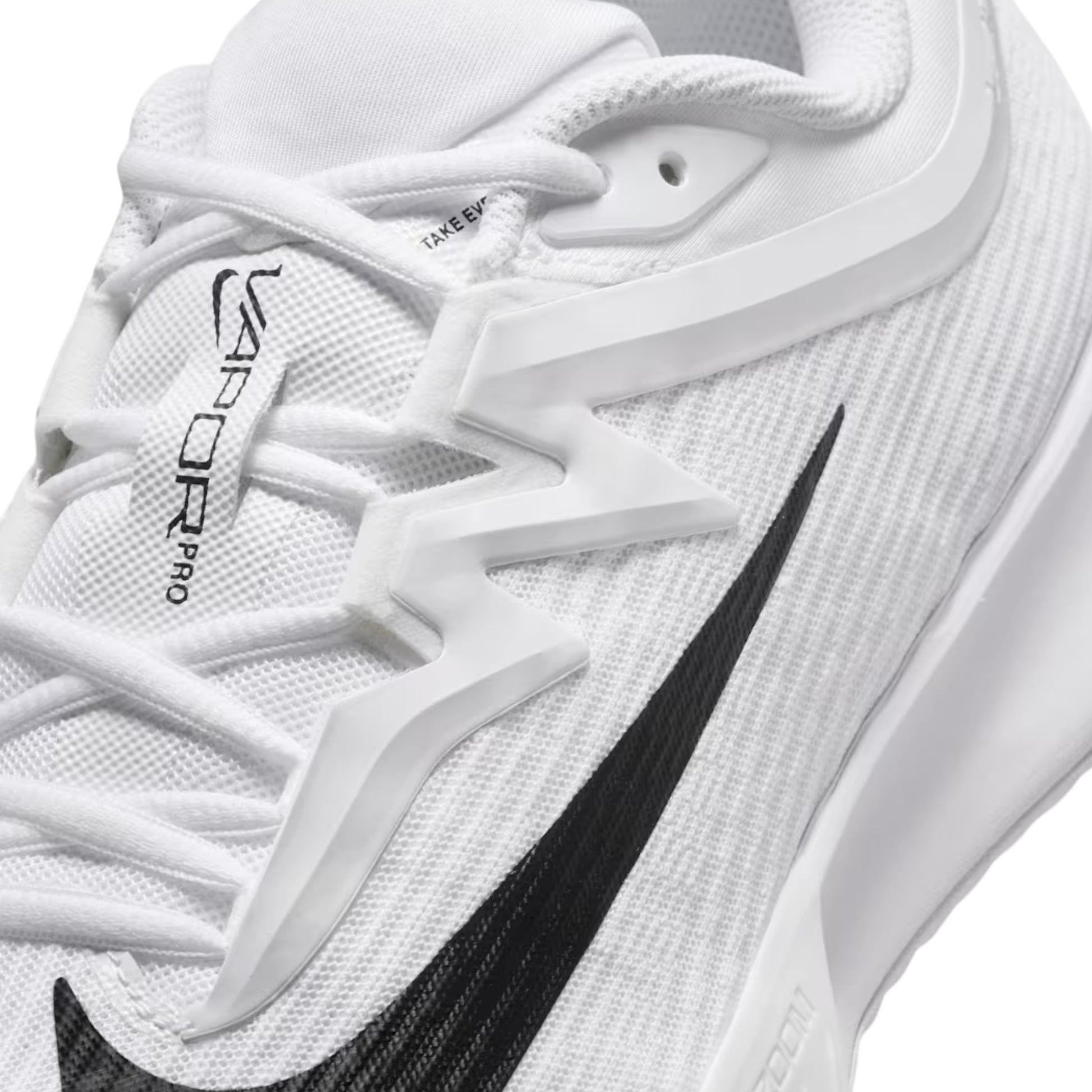 White tennis shoe with black swoosh logo on a white background