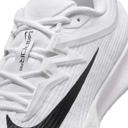 White tennis shoe with black swoosh logo on a white background
