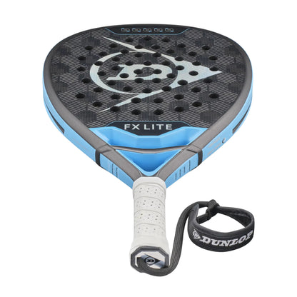 Blue and black Dunlop FX Lite padel racket on a white background