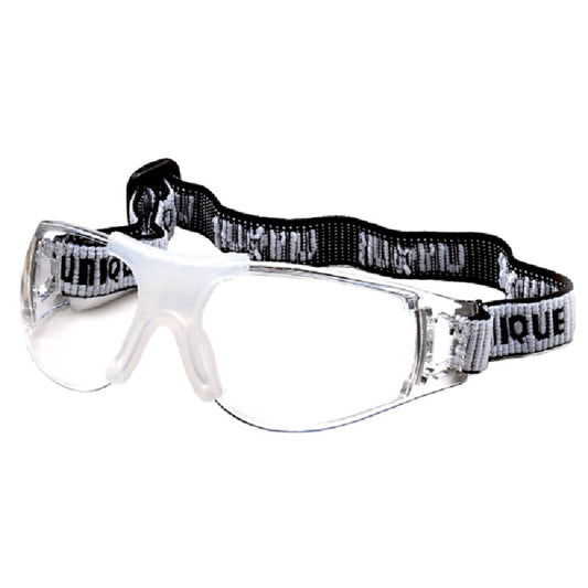 Clear safety goggles with a black and white strap on a white background