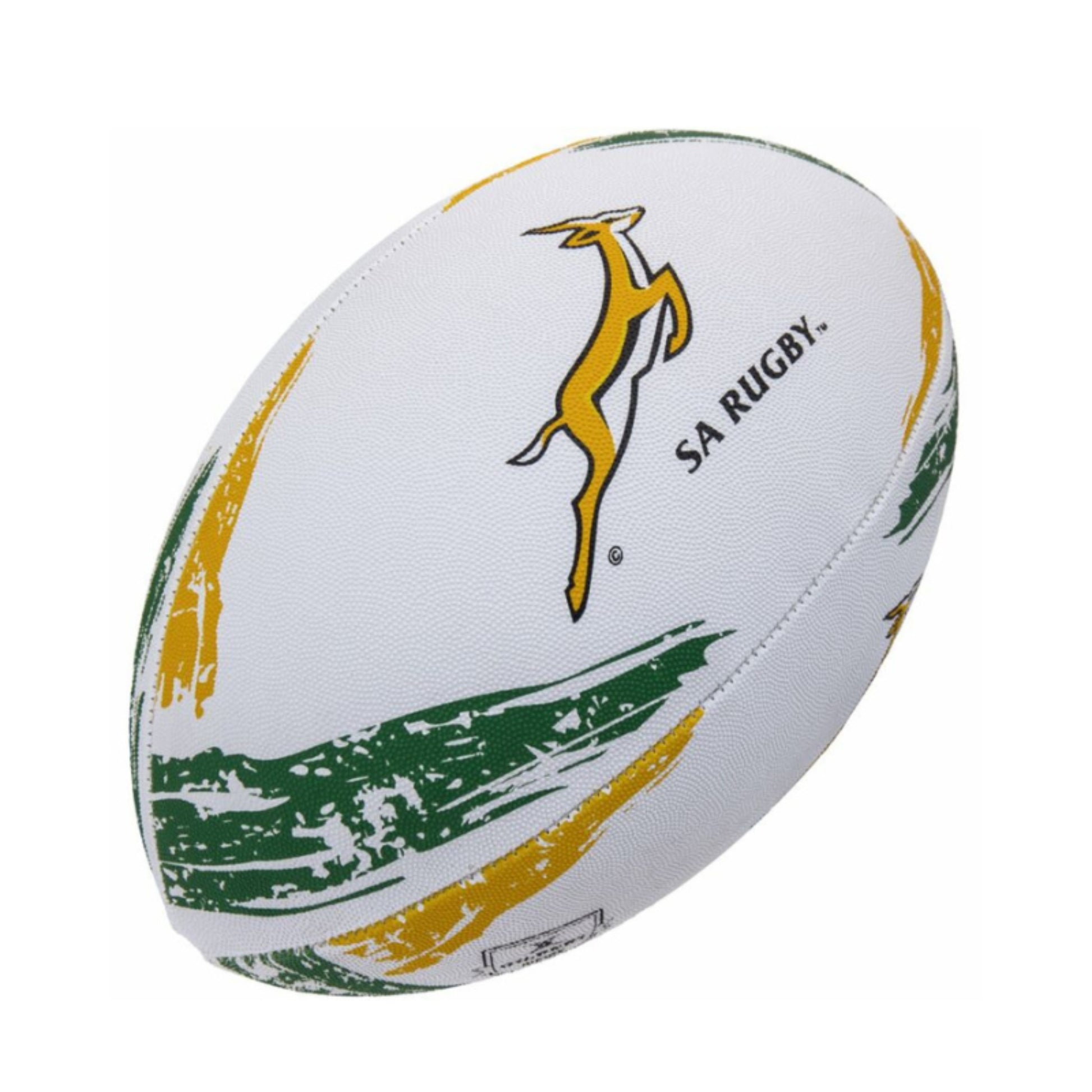 White Gilbert rugby ball with green and gold design and 'SA Rugby' logo on a white background
