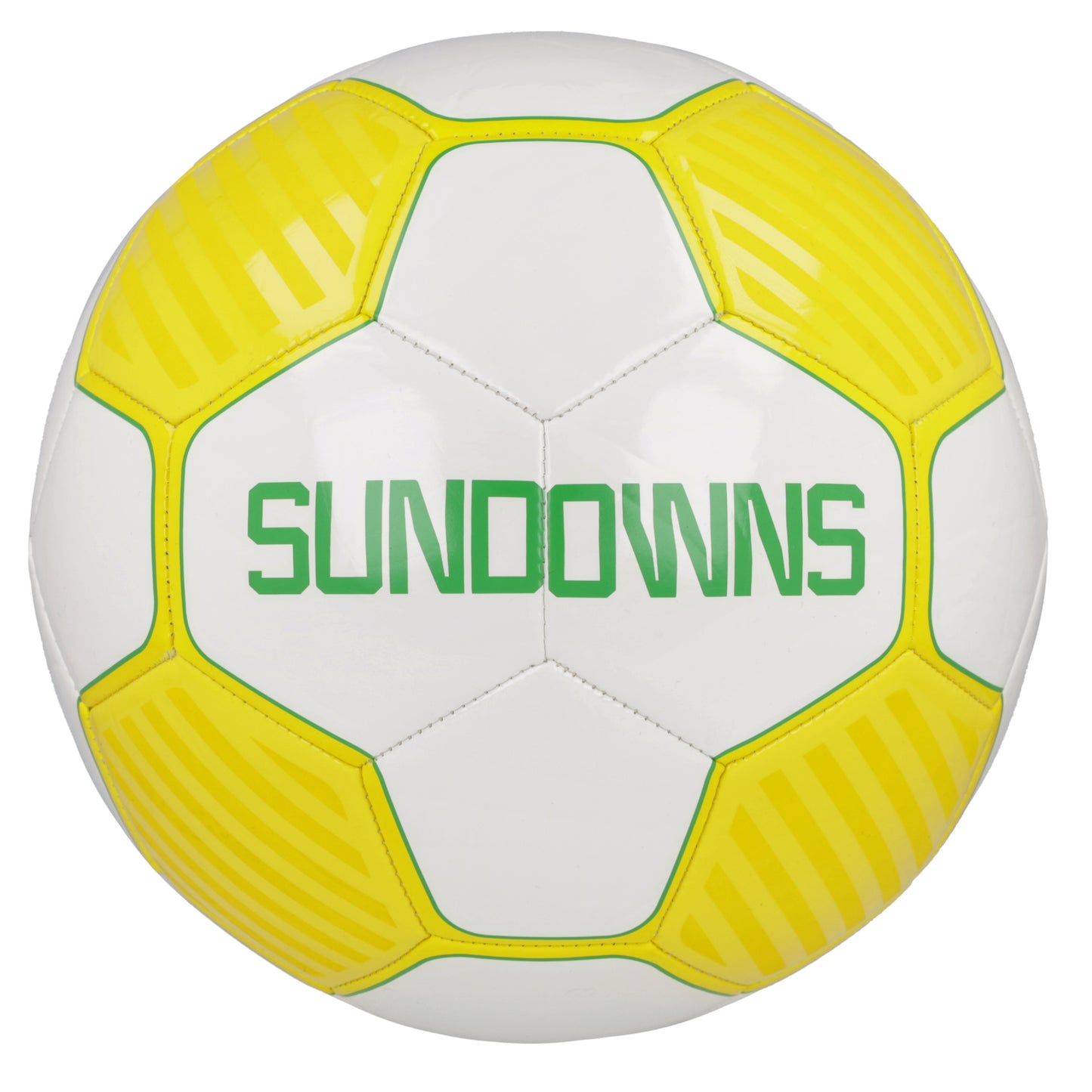 White soccer ball with yellow panels and 'Sundowns' branding on a white background