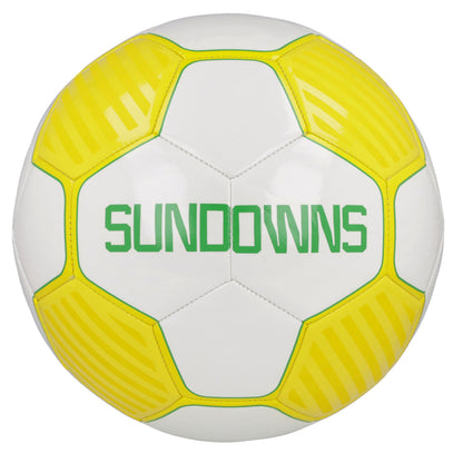 White soccer ball with yellow panels and 'Sundowns' branding on a white background