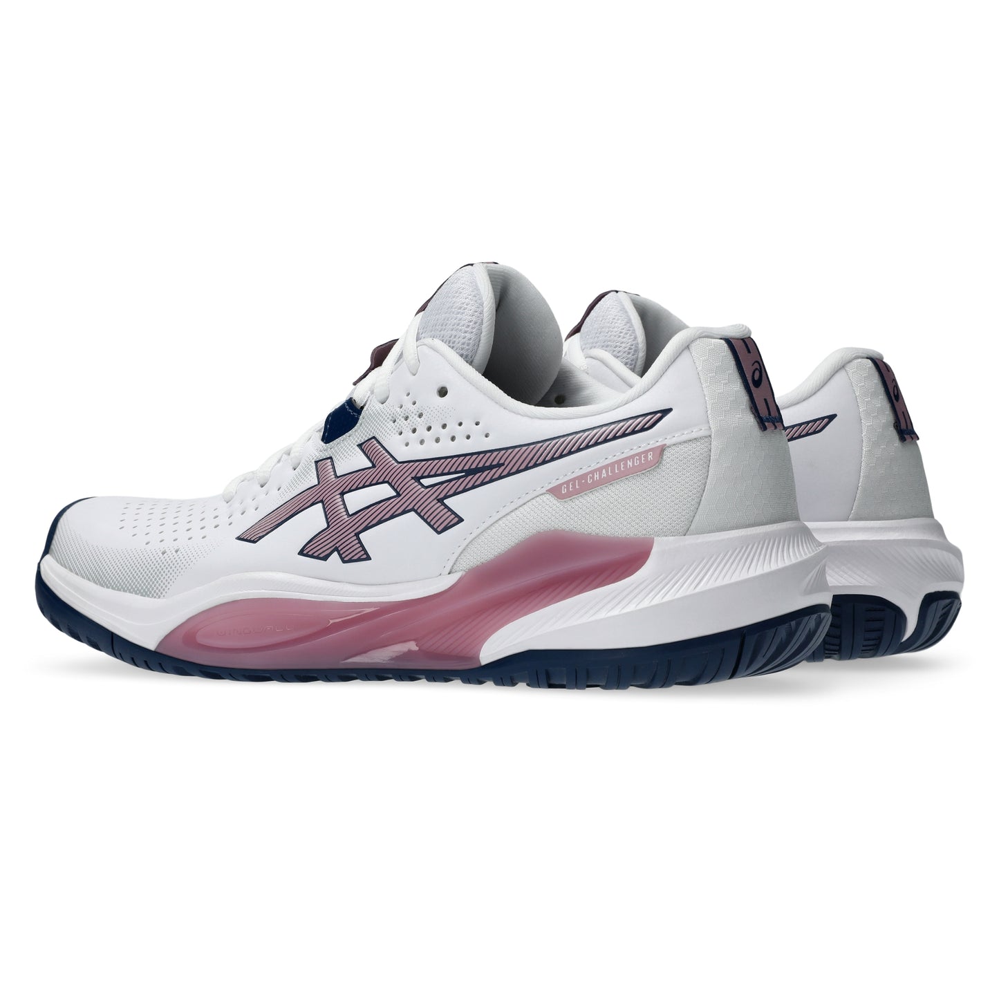A pair of ASICS tennis shoes in white, featuring a dark navy blue outsole, a pink and navy heel accent, and a navy logo on the side, set against a plain white background.