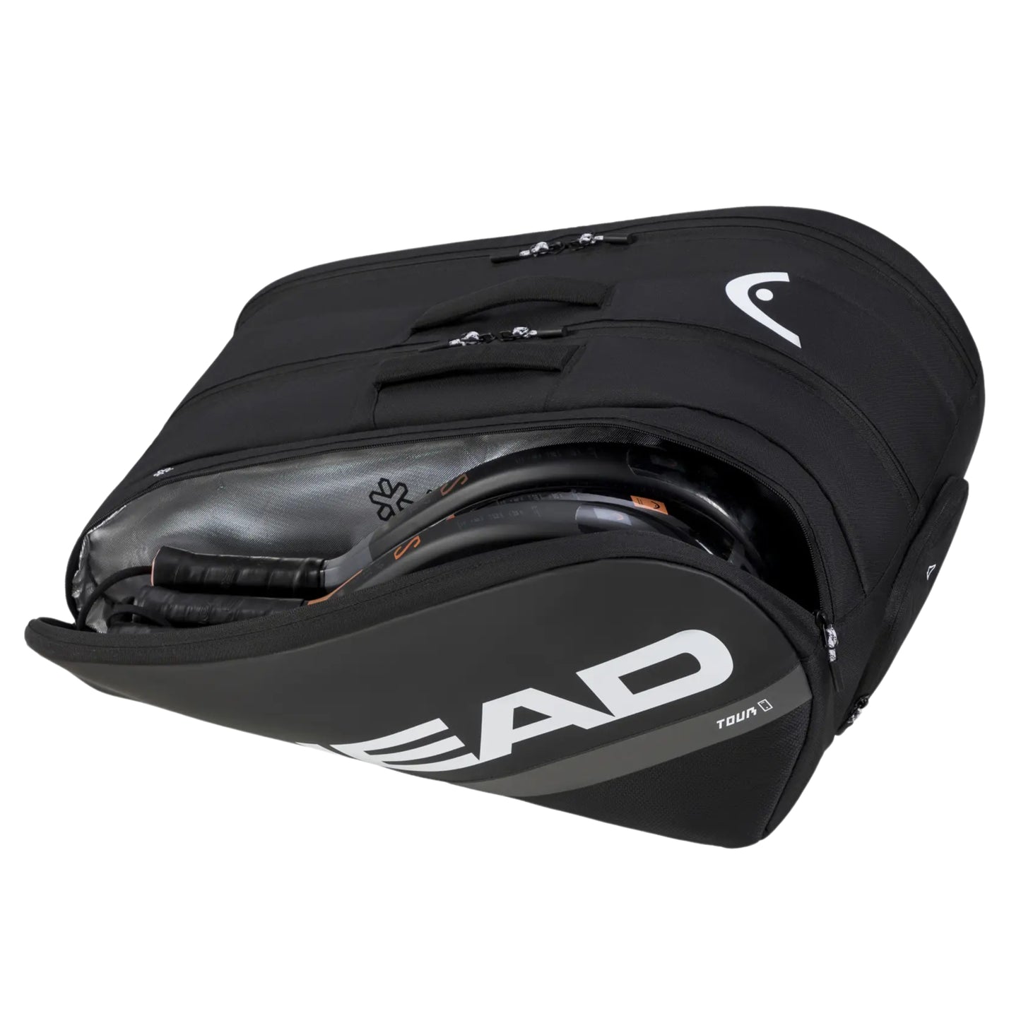 Black tennis bag with 'HEAD' branding on a white background