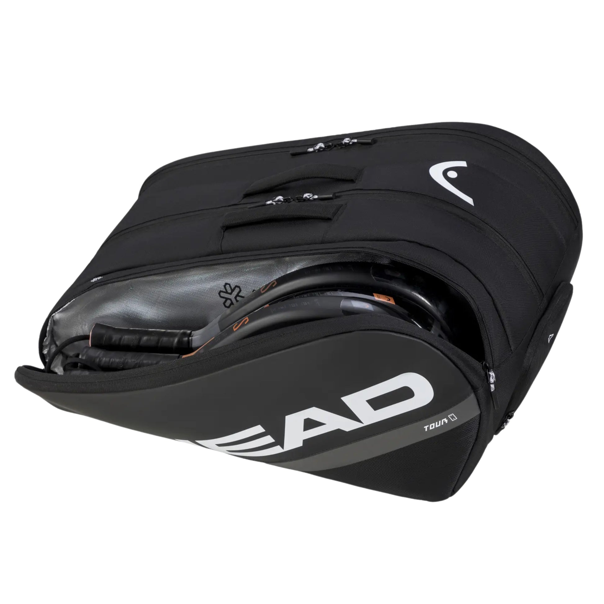 Black tennis bag with 'HEAD' branding on a white background