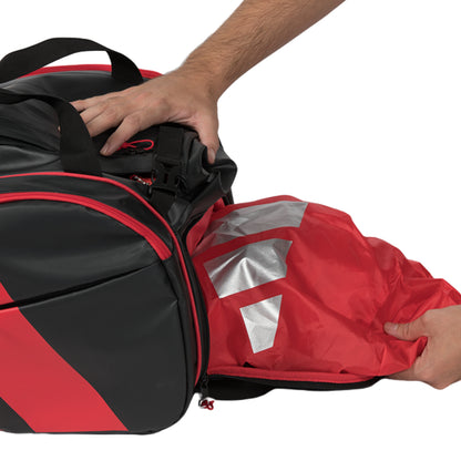 Black and red padel bag with a person opening it on a white background