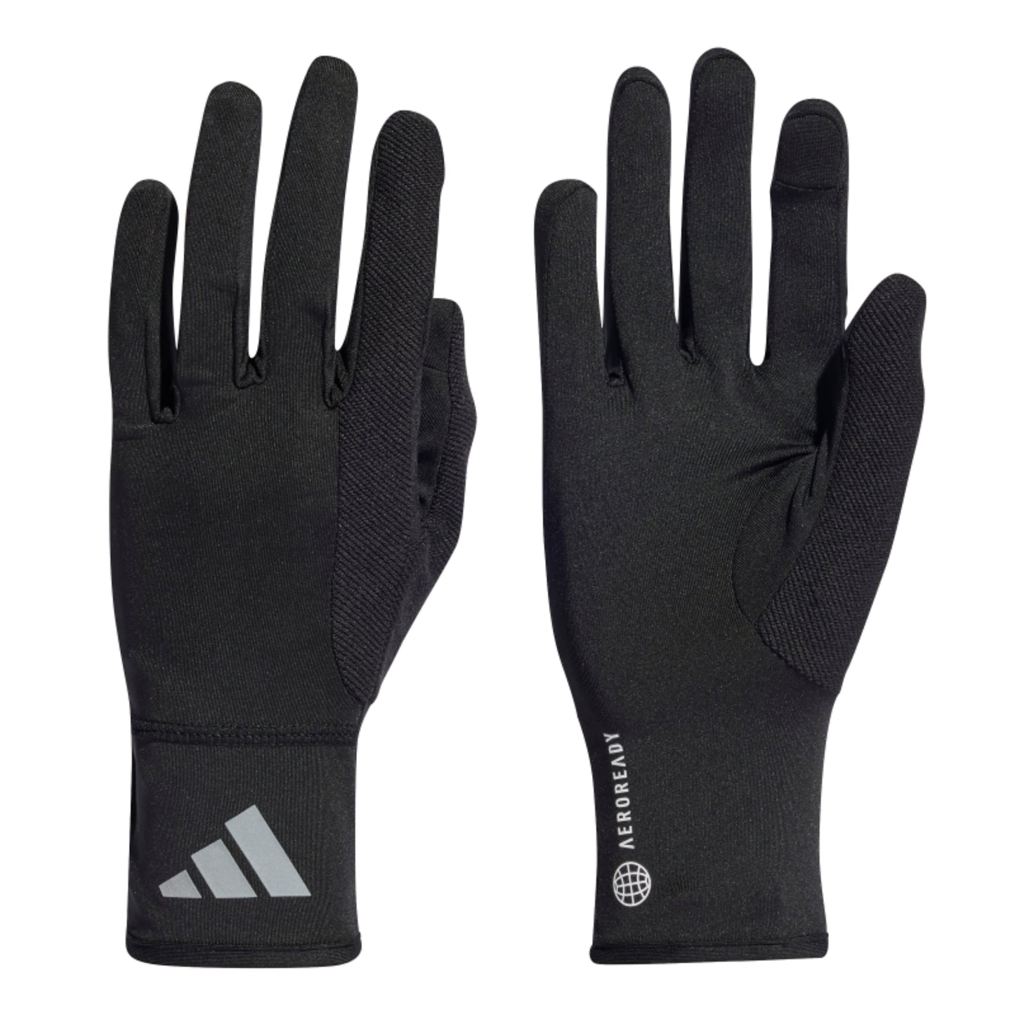 Pair of black gloves with Adidas logo on a white background