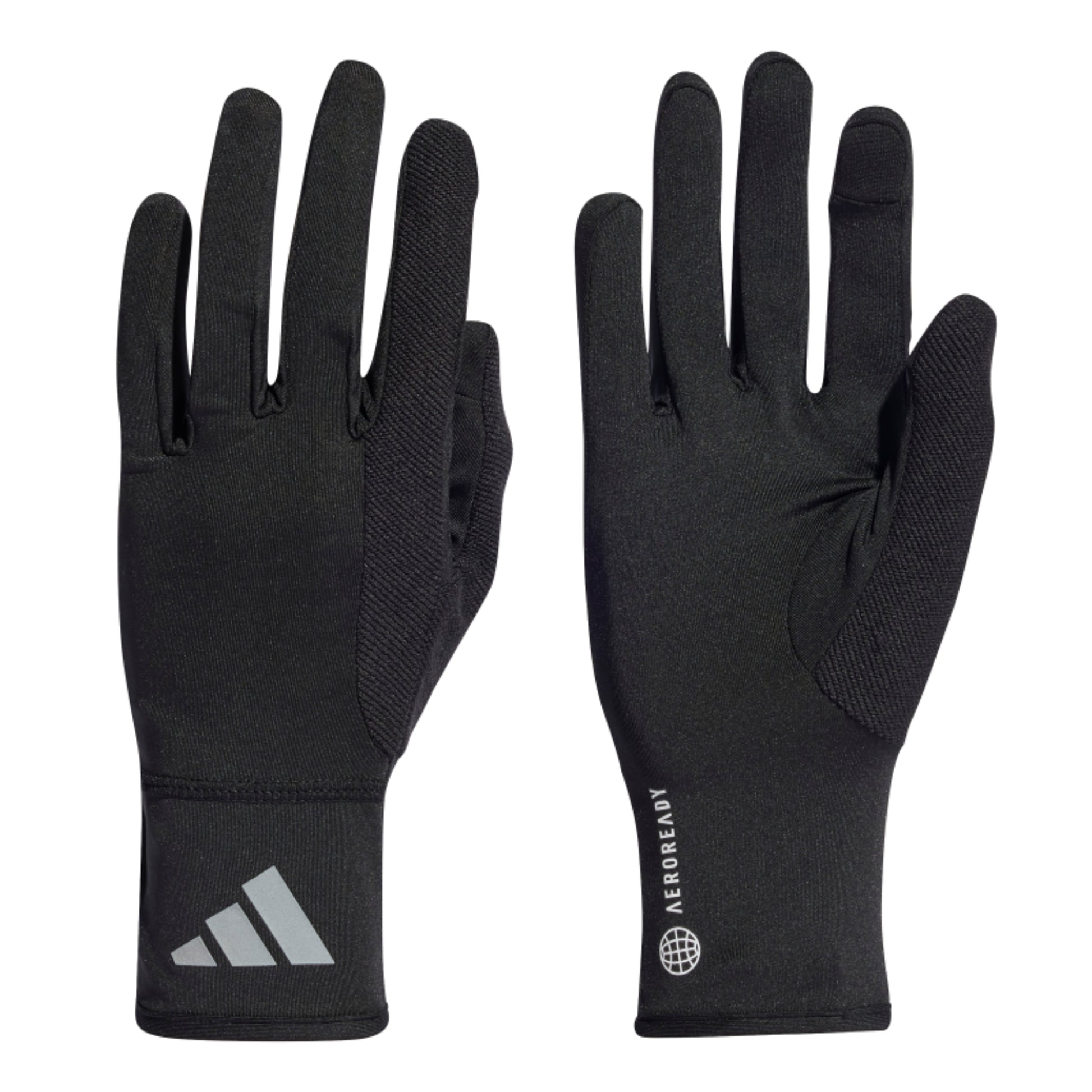 Pair of black gloves with Adidas logo on a white background