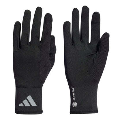 Pair of black gloves with Adidas logo on a white background