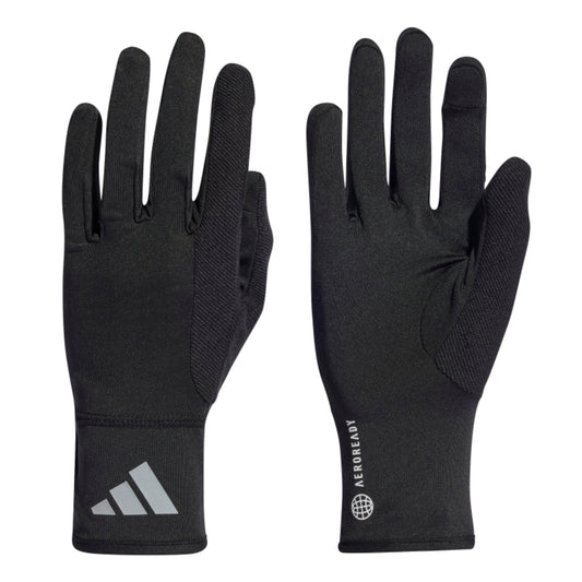 Pair of black gloves with Adidas logo on a white background