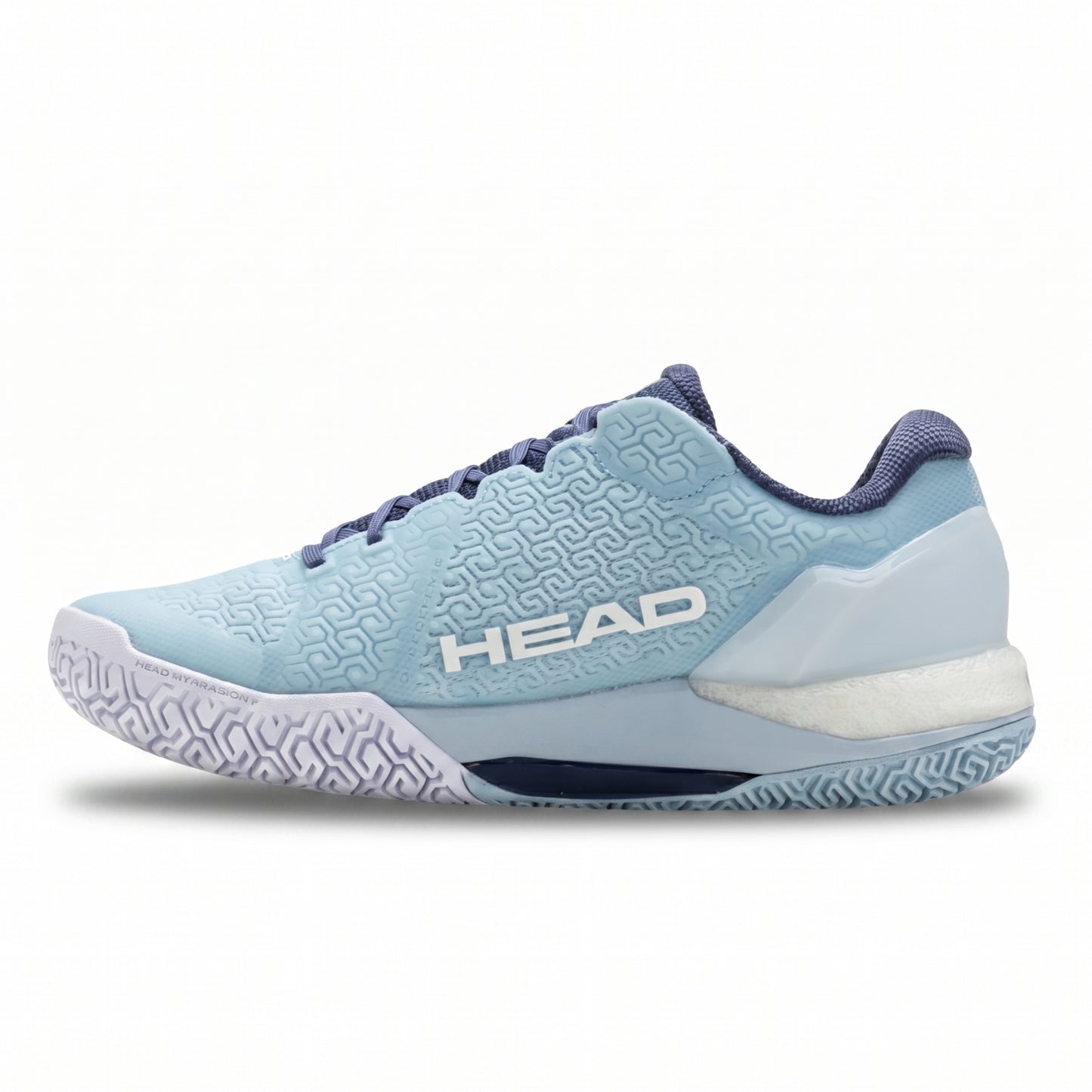 Light blue Head tennis shoe with dark blue accents on a white background