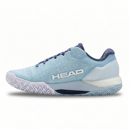 Light blue Head tennis shoe with dark blue accents on a white background