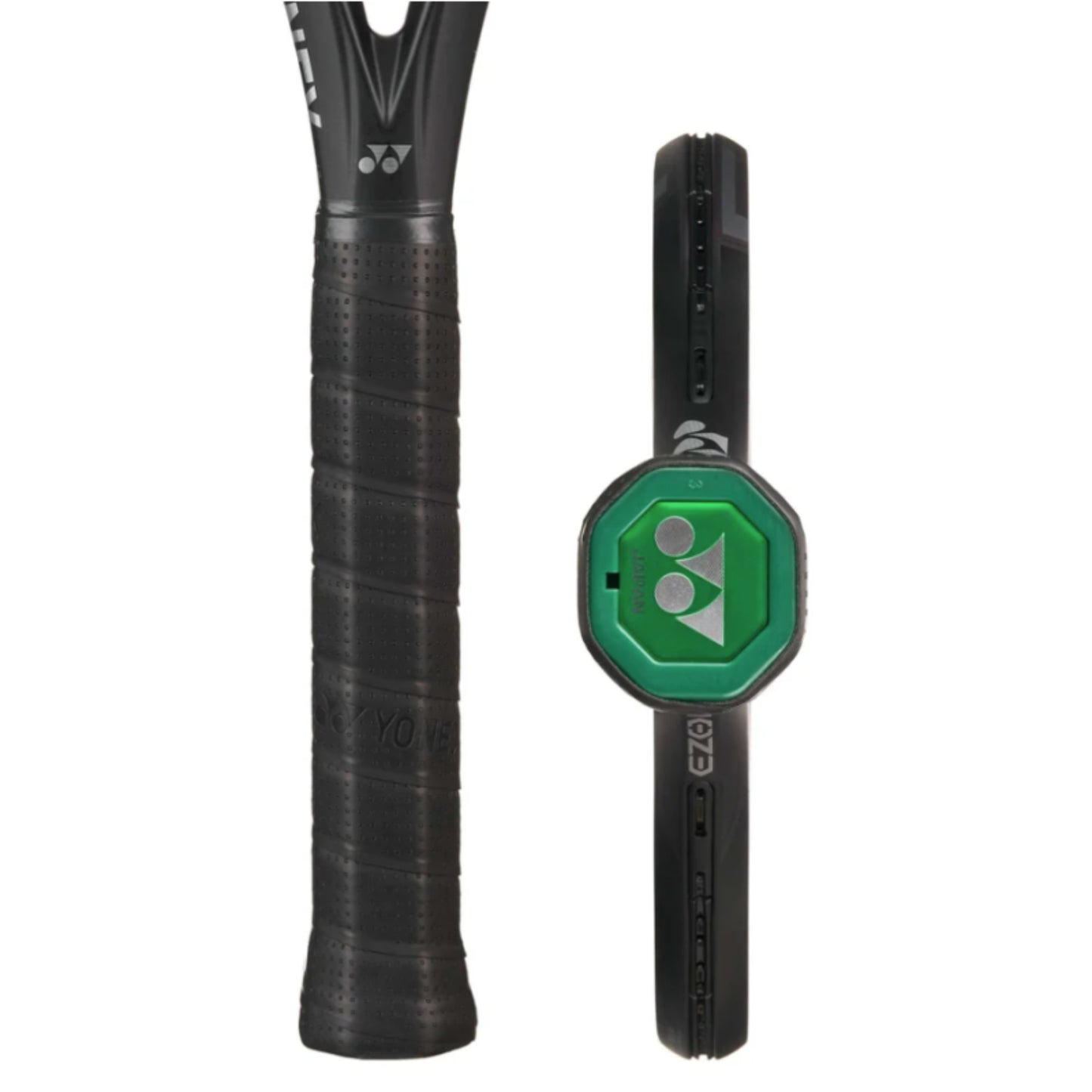 Black tennis racket with Yones branding on a white background