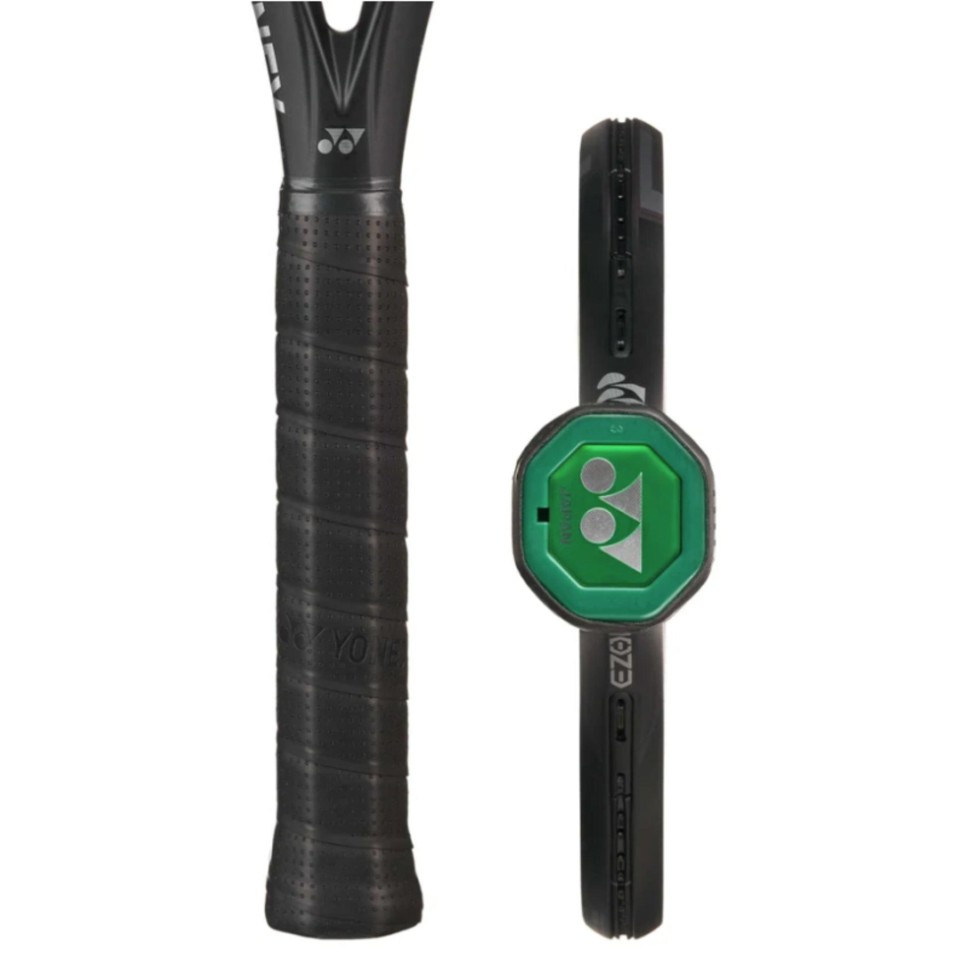 Black tennis racket with Yones branding on a white background