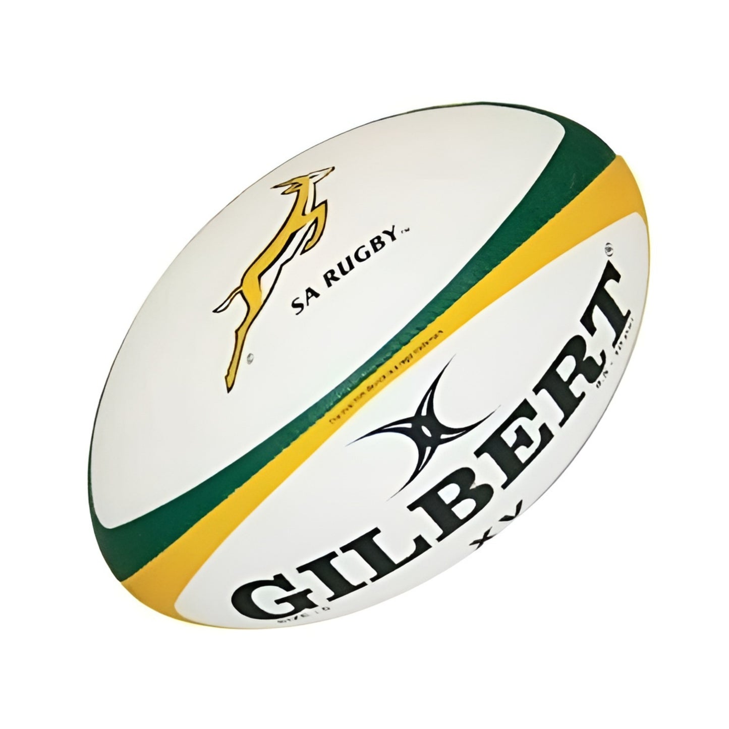 Rugby ball with SA Rugby and Gilbert branding on a white background