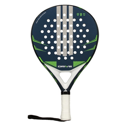 Adidas Padel racket with blue and green design on a white background