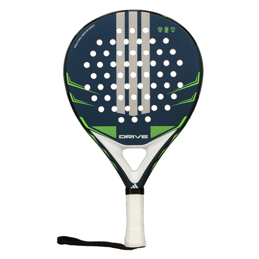Adidas Padel racket with blue and green design on a white background