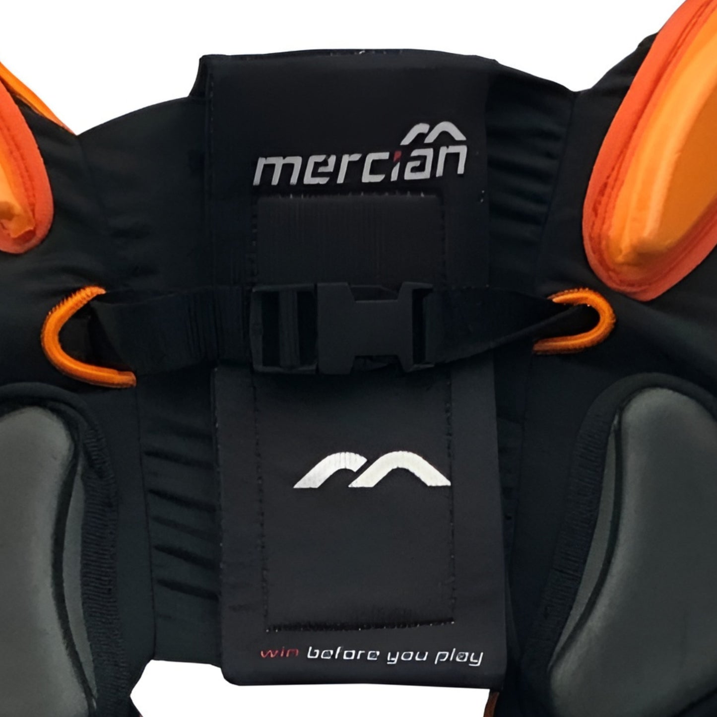 Black protective gear with orange accents and Mercian branding on a white background
