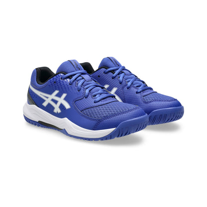 Pair of blue Asics tennis shoes with white sole on a white background