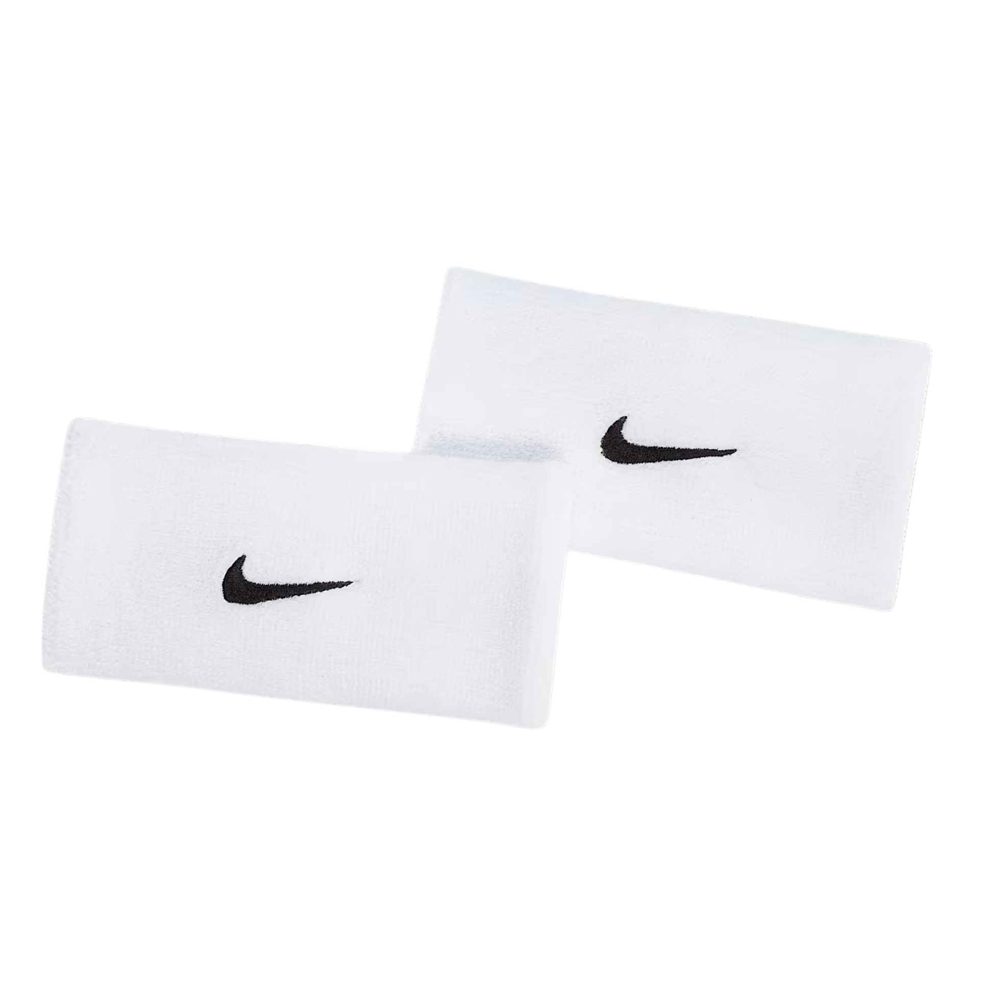 Two white wristbands with black Nike logos on a white background