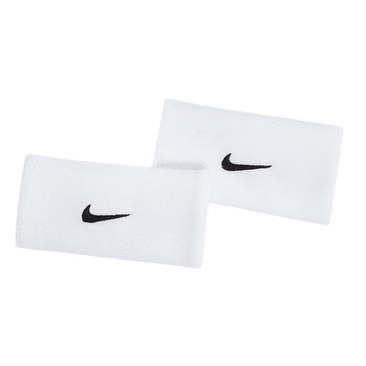 Two white wristbands with black Nike logos on a white background