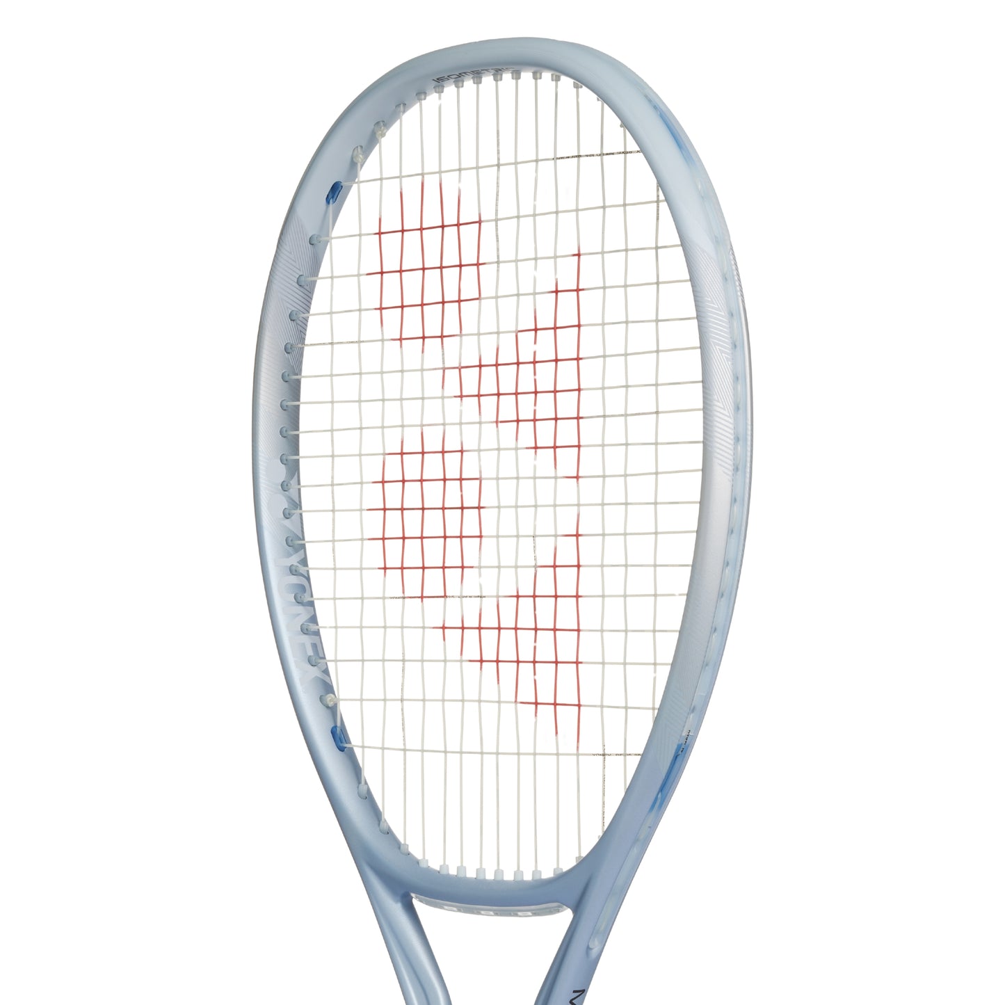 Silver Yonex tennis racket with a white background