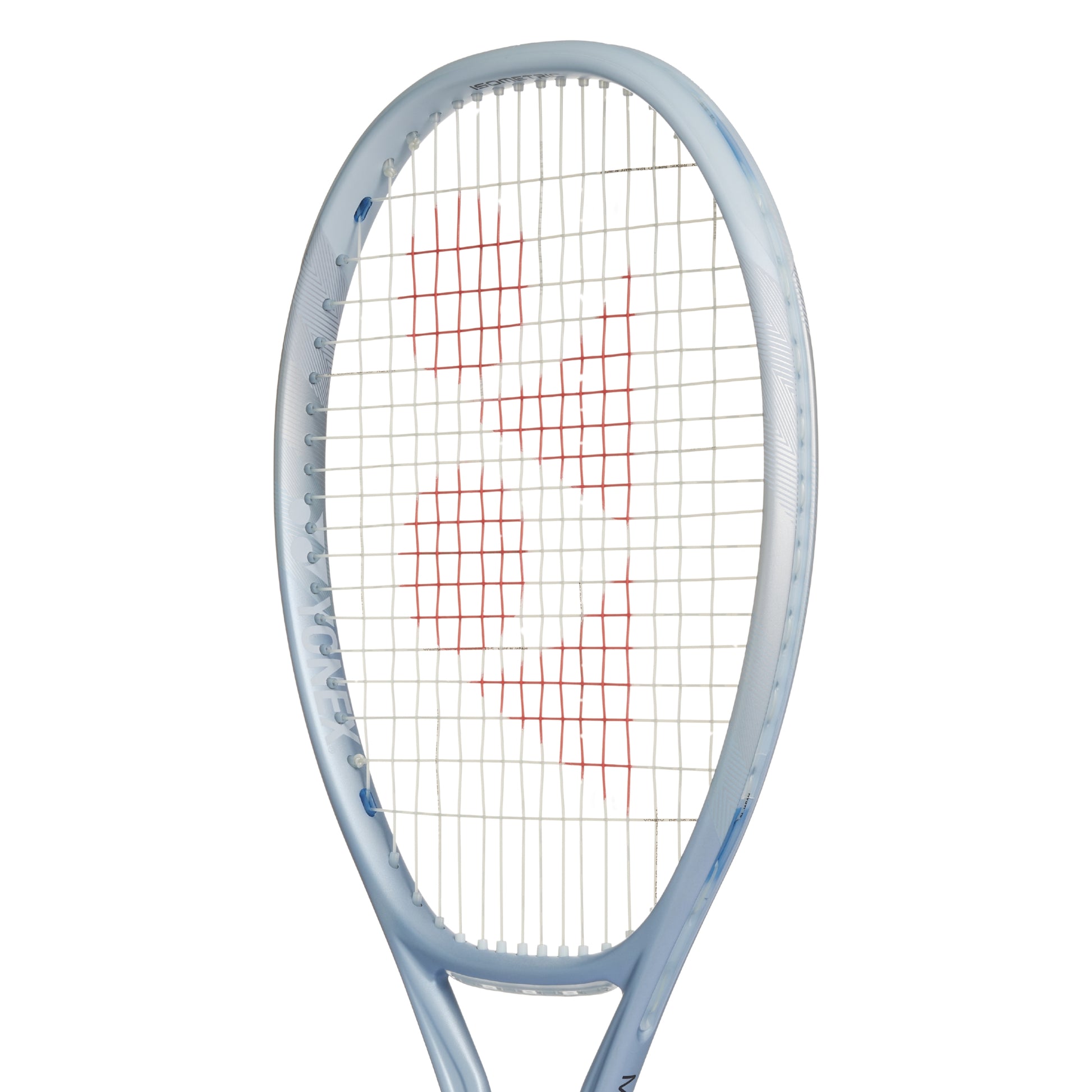 Silver Yonex tennis racket with a white background