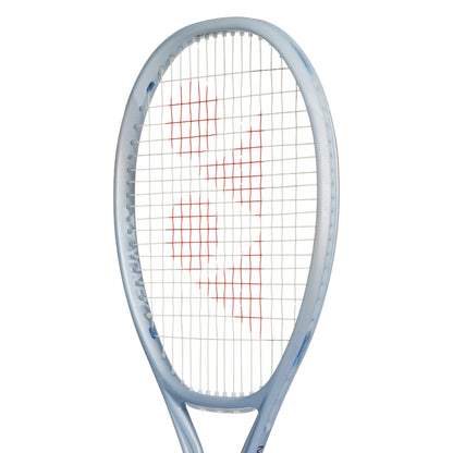 Silver Yonex tennis racket with a white background