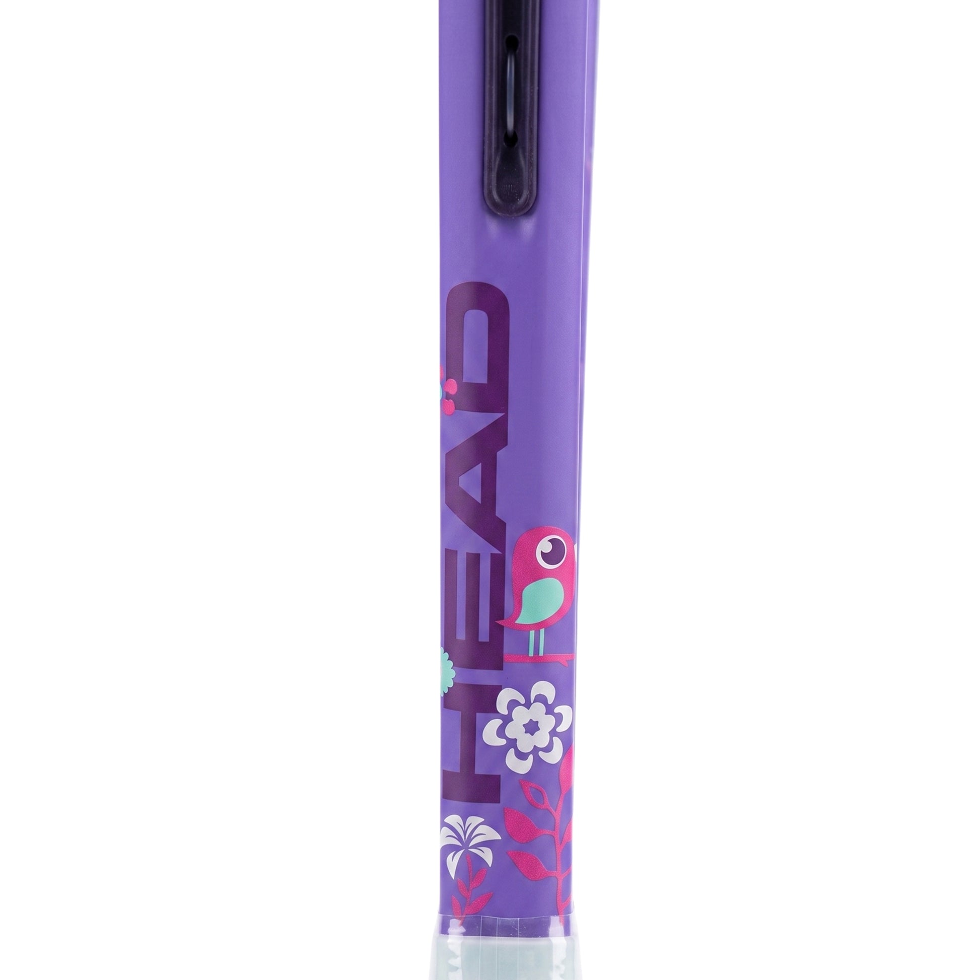 A purple Head tennis racket with a colorful bird and floral graphic design, shown vertically against a white background.
