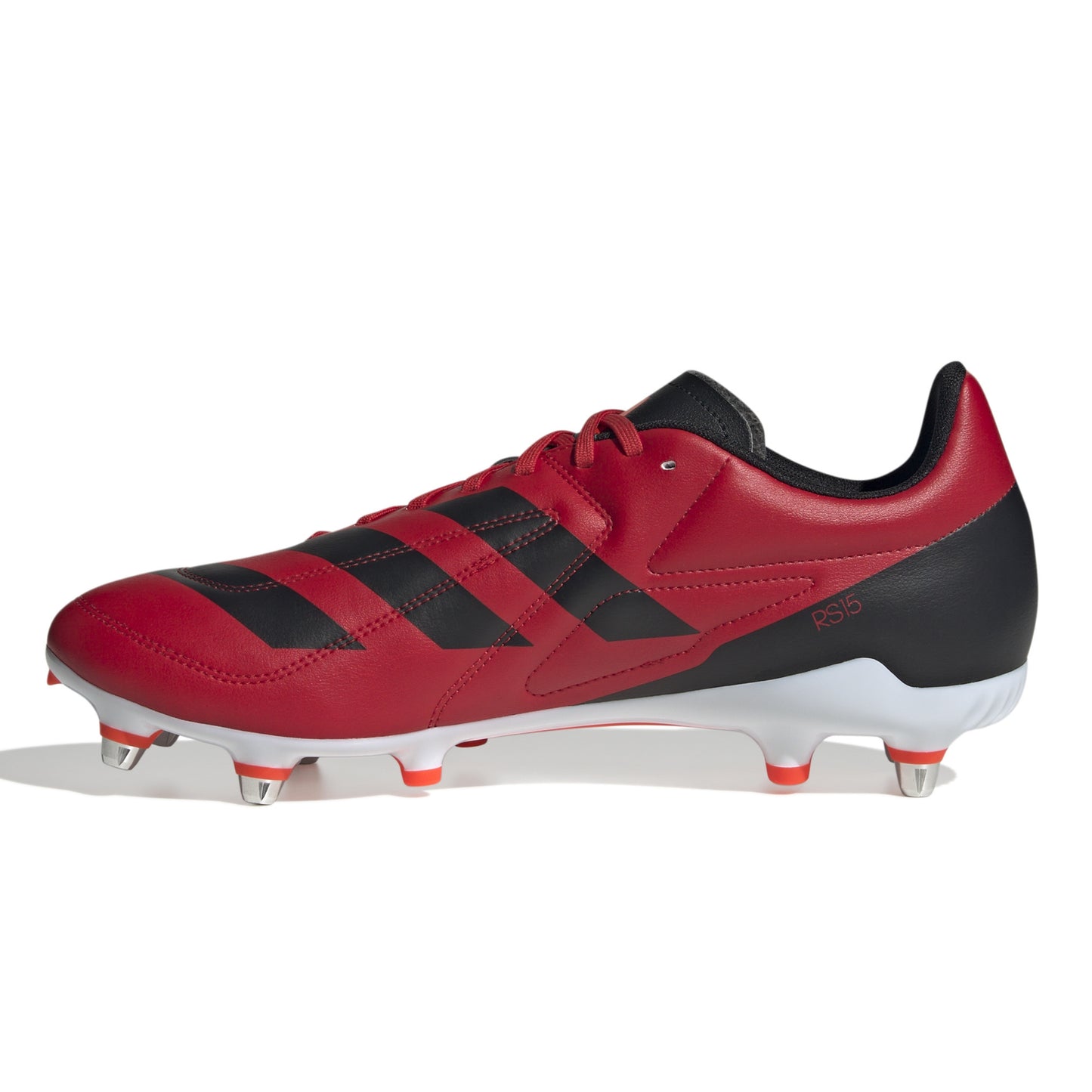 Red and black rugby boot with white sole on a white background