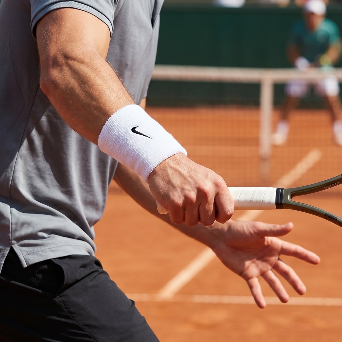 Person holding a tennis racket on a clay court with a Nike wristband