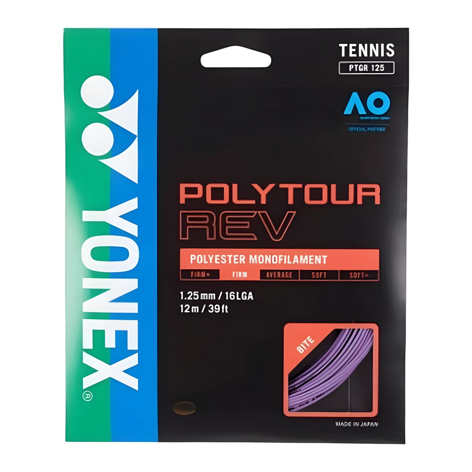 Yonex Polytour Rev tennis string package on a white background