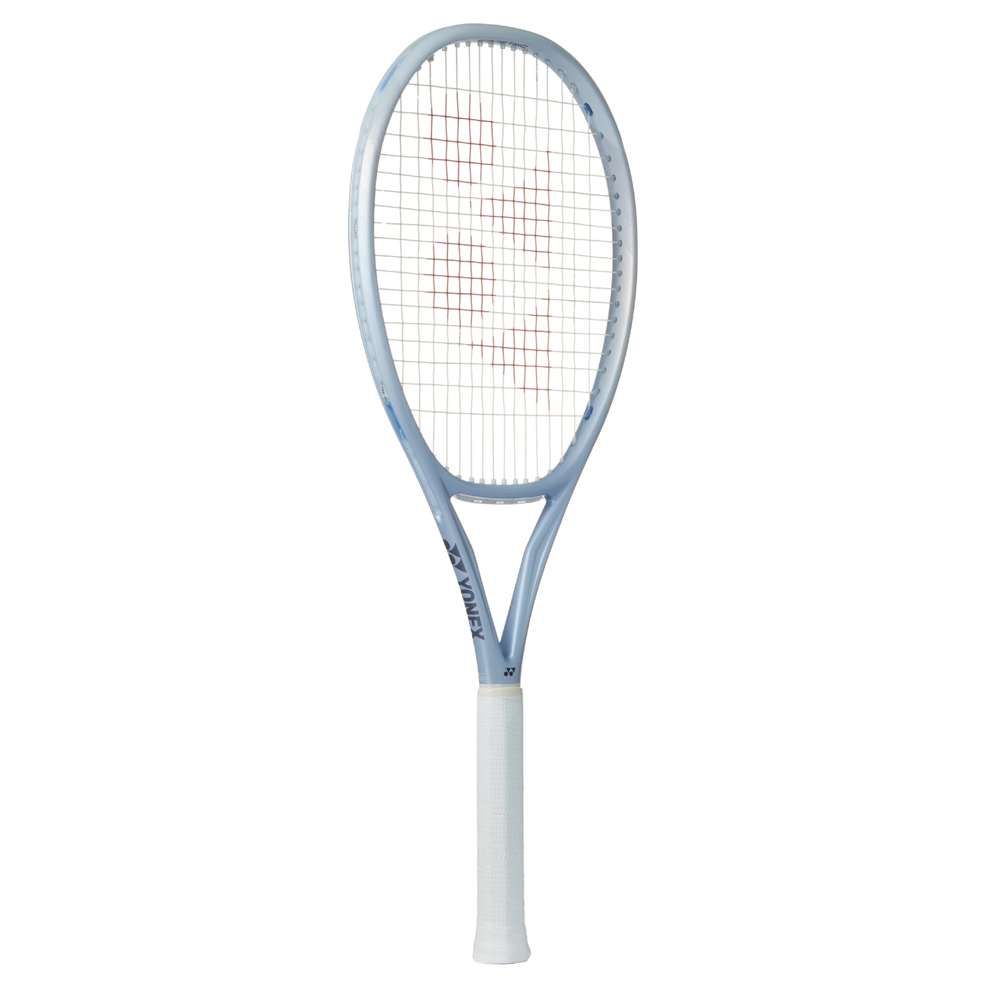 Silver Yonex tennis racket with a white background