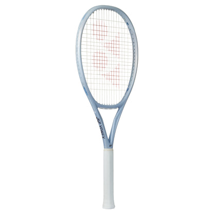 Silver Yonex tennis racket with a white background