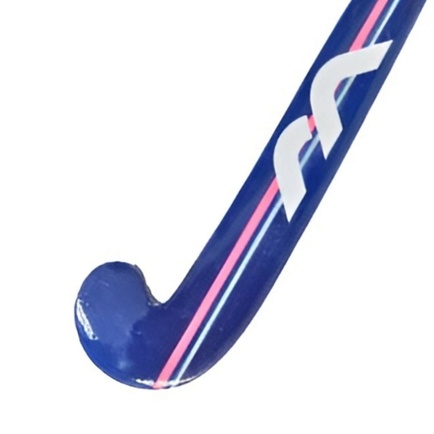 Blue mini hockey stick with pink and white design on a white background