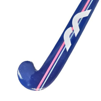Blue mini hockey stick with pink and white design on a white background