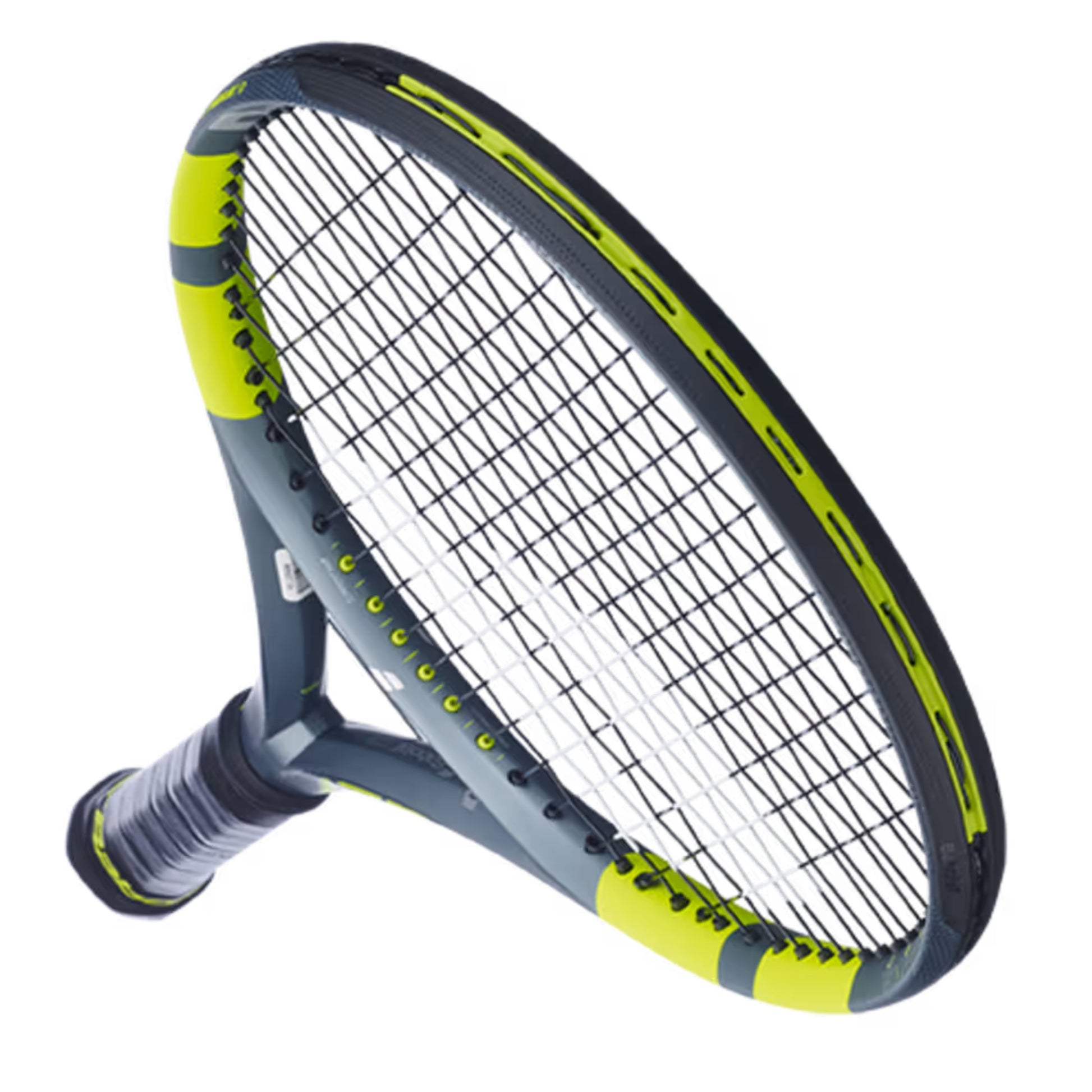 Tennis racket with a gray and yellow design on a white background