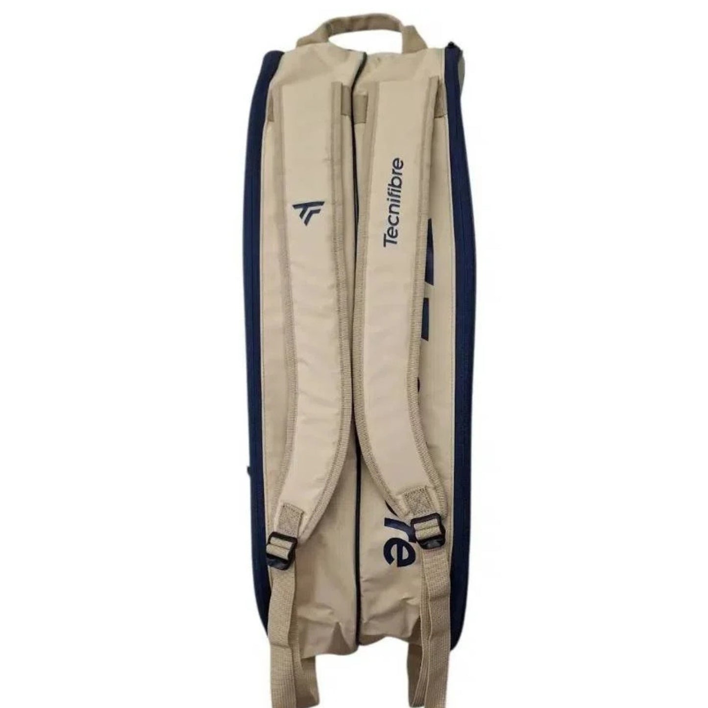 Beige and navy tennis bag with visible branding on a white background