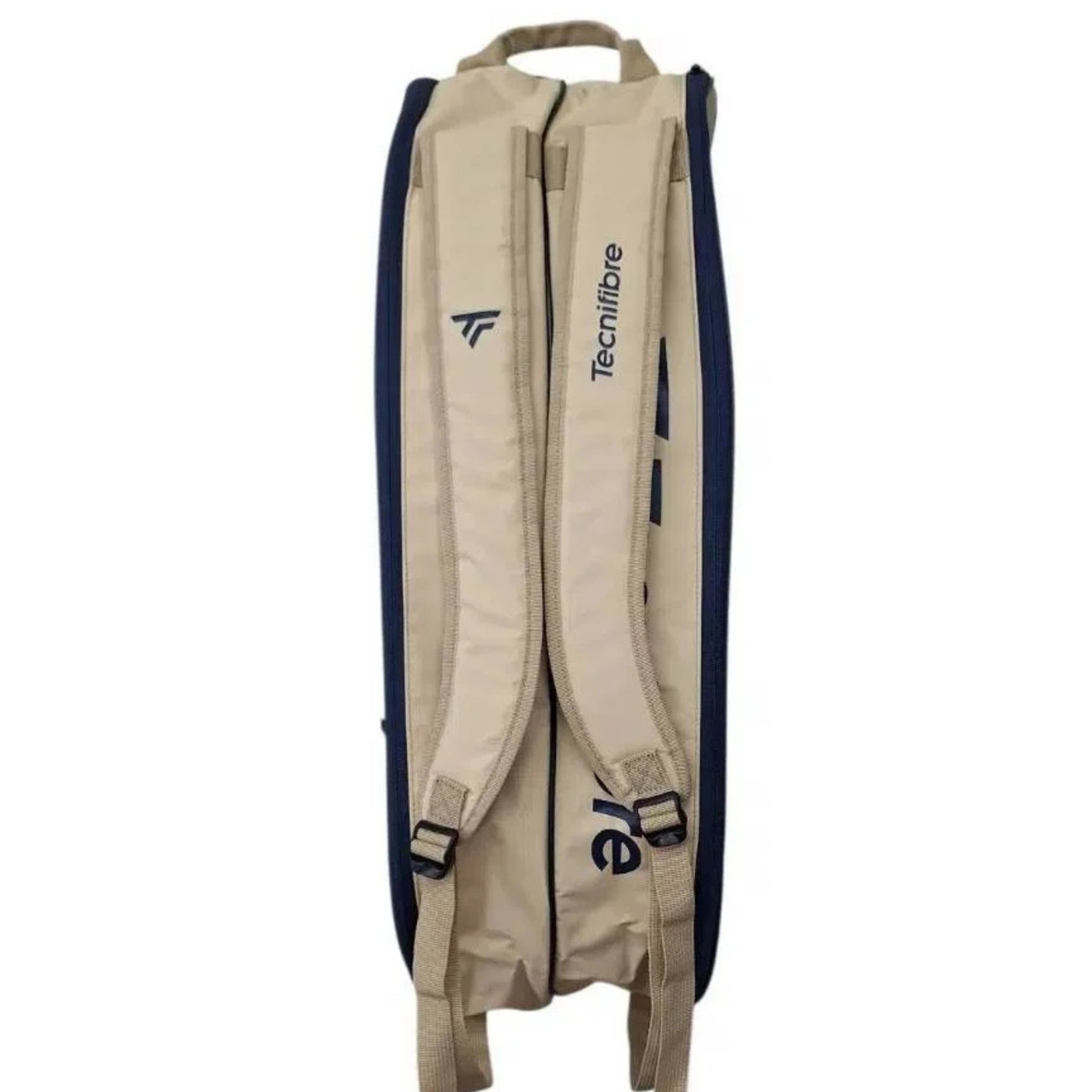 Beige and navy tennis bag with visible branding on a white background