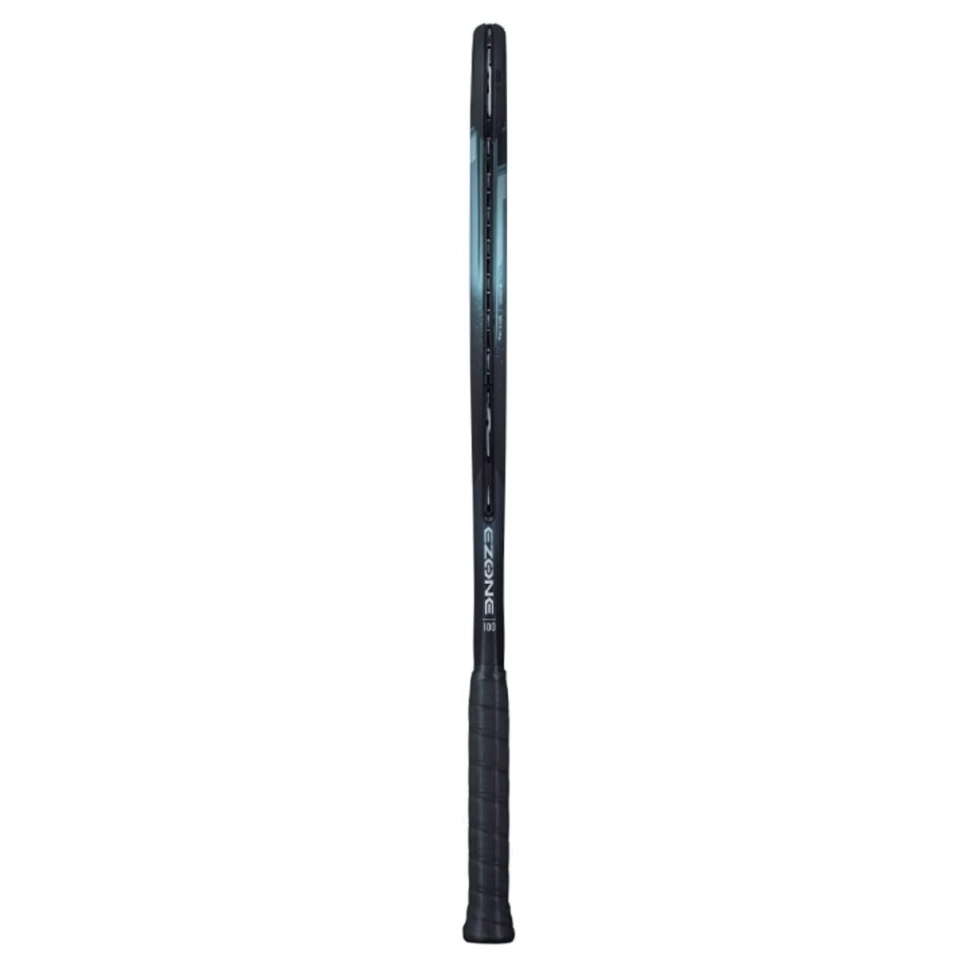 Black tennis racket with Ezone branding on a white background