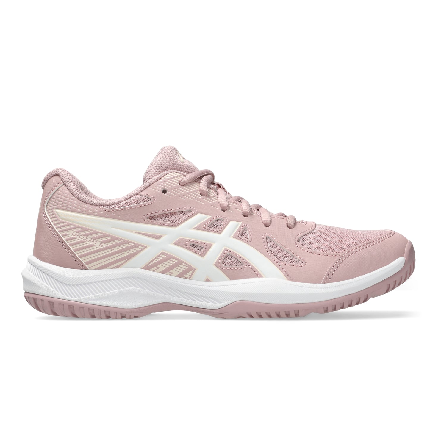 Pink athletic shoe with white accents on a white background
