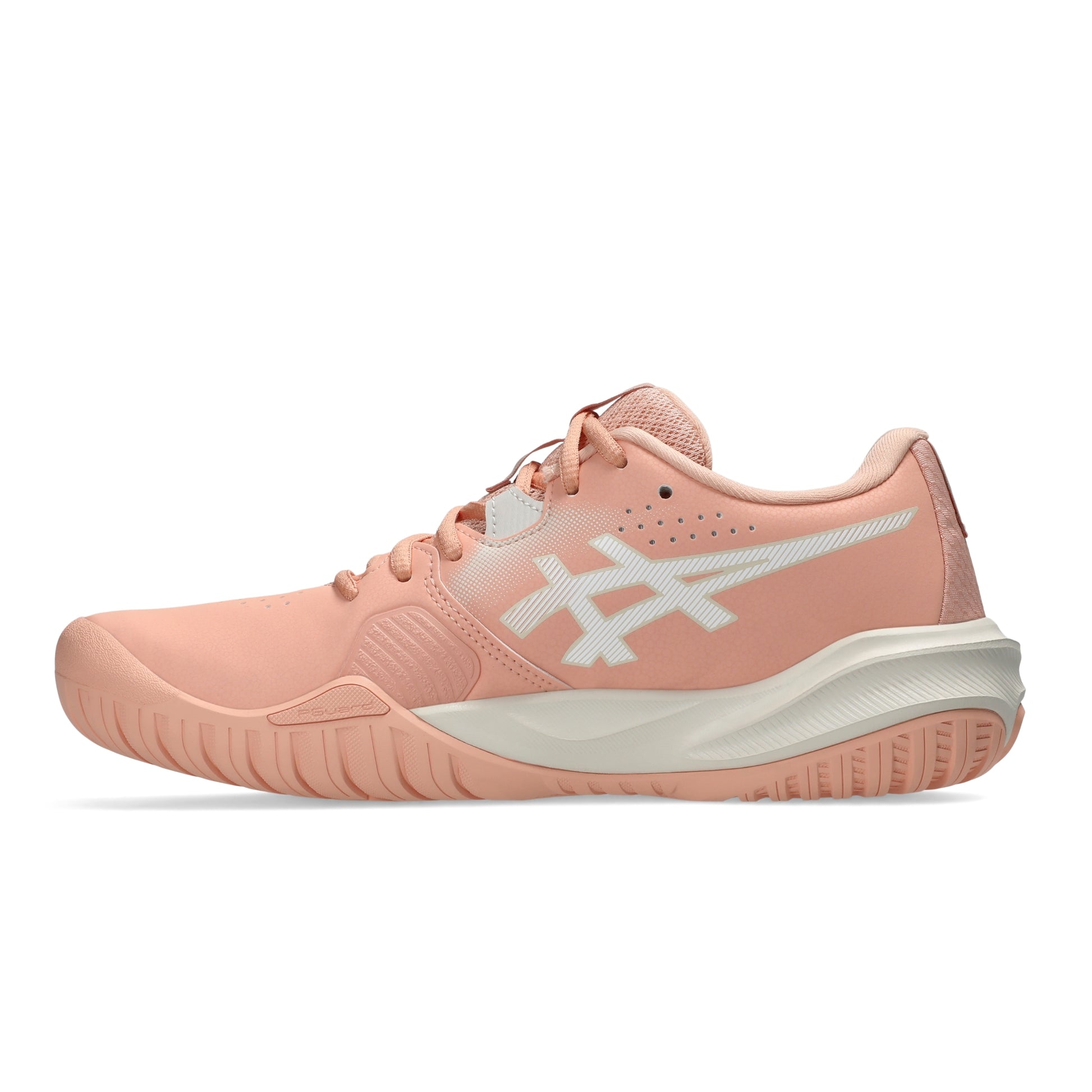 A single Asics tennis shoe in a soft peach and white colorway, shown from the side profile against a clean white background.