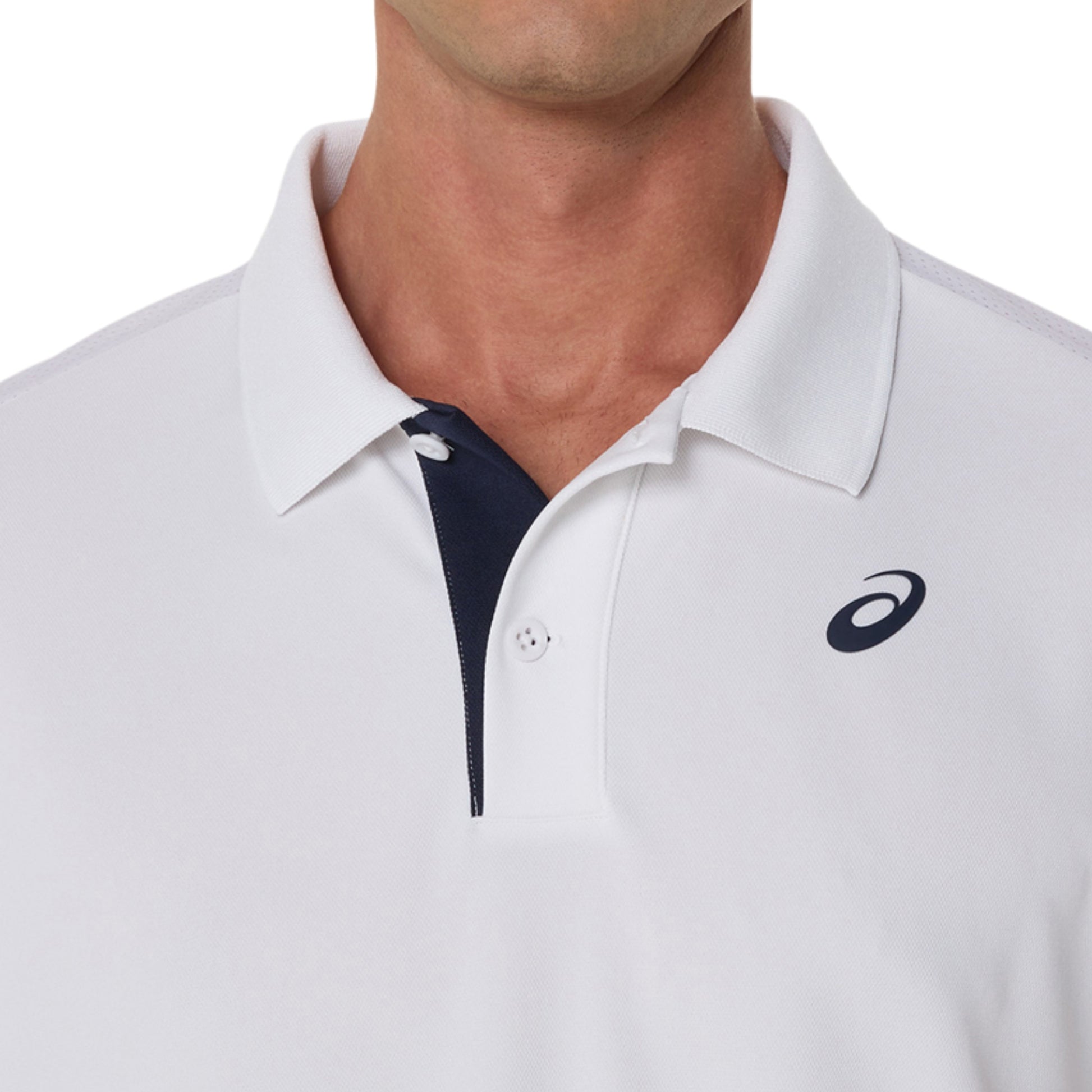 White polo shirt with a Asics logo on a white background