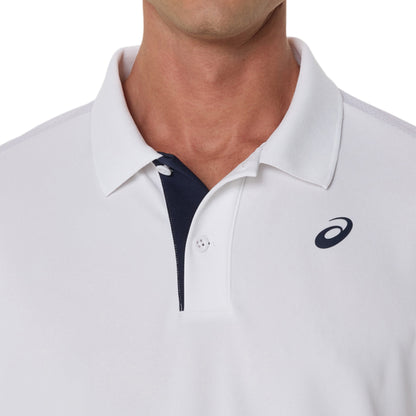 White polo shirt with a Asics logo on a white background