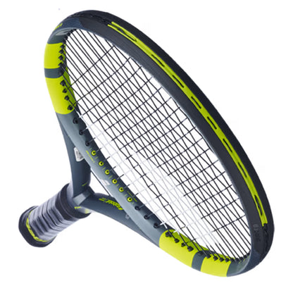 Tennis racket with a black and yellow design on a white background