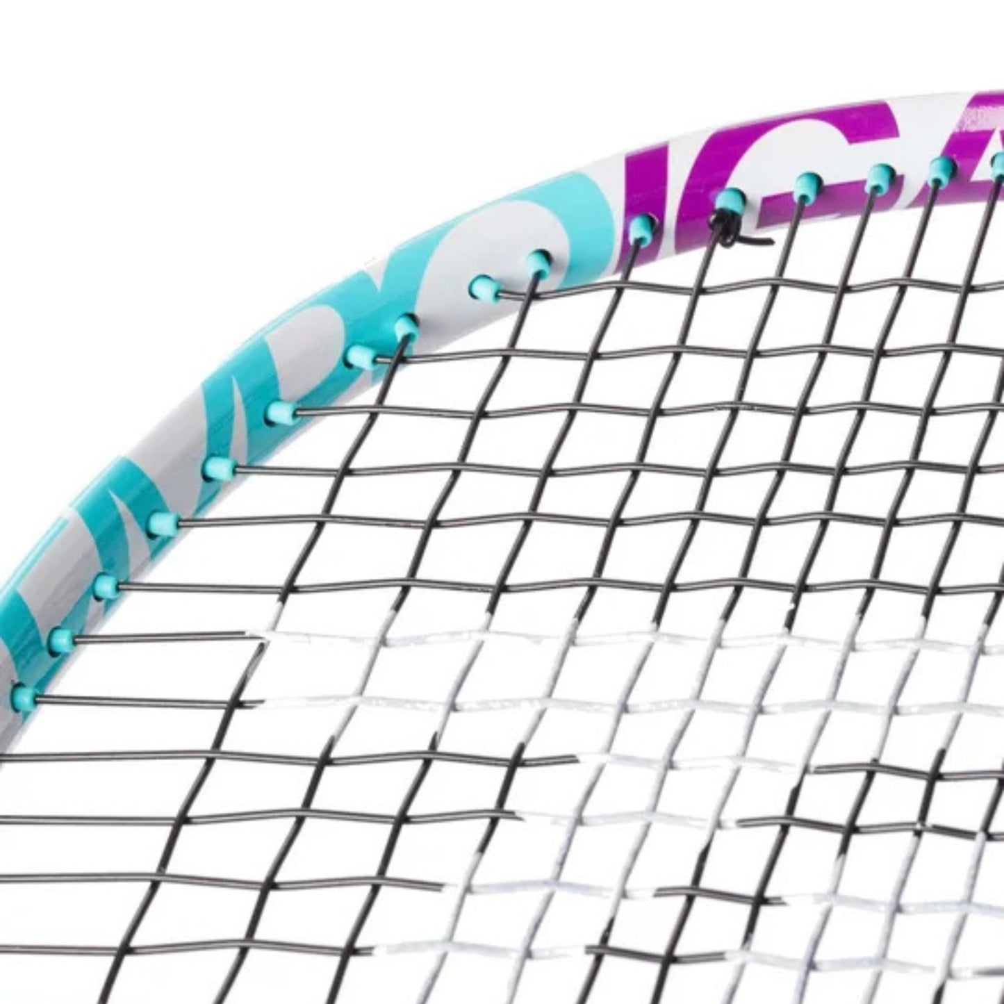 Close-up of a tennis racket with a white, blue, and purple design on a white background.