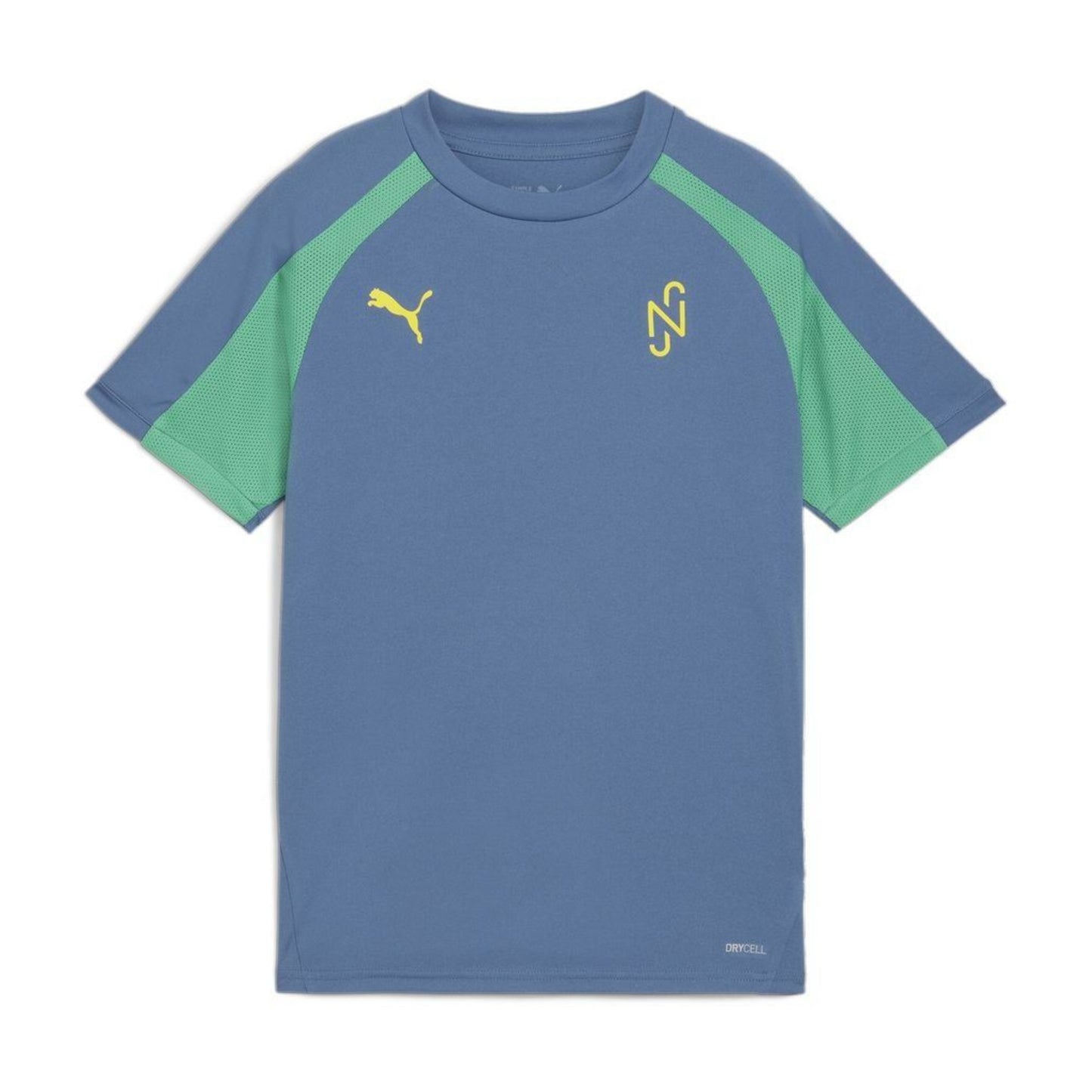 Blue t-shirt with green sleeves featuring Puma logo on a white background