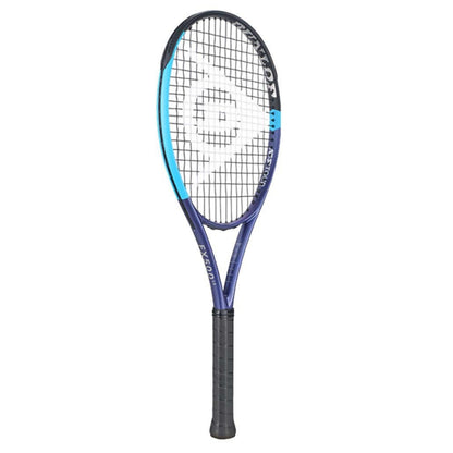 Dunlop tennis racket with blue frame and black handle on a white background